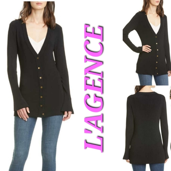 L'AGENCE Lucas  Long Rib button down Cardigan/Sweater Stretchy in Black - Picture 1 of 10